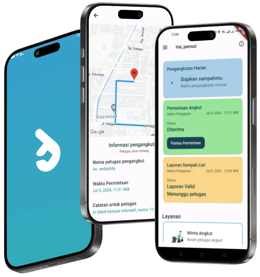 Angkutin mobile screens: waste report form, map of pickup points and request status